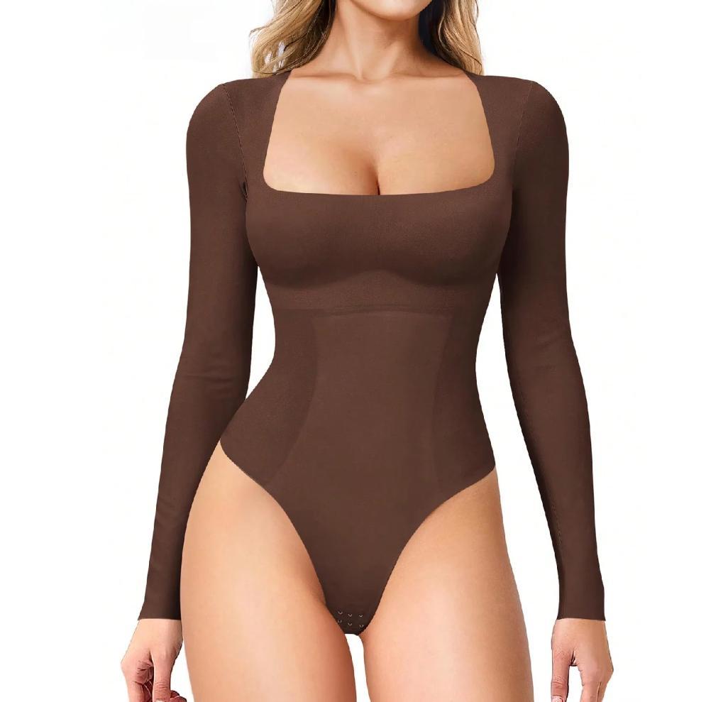 Brown long-sleeve square-neck tummy shaper bodysuit