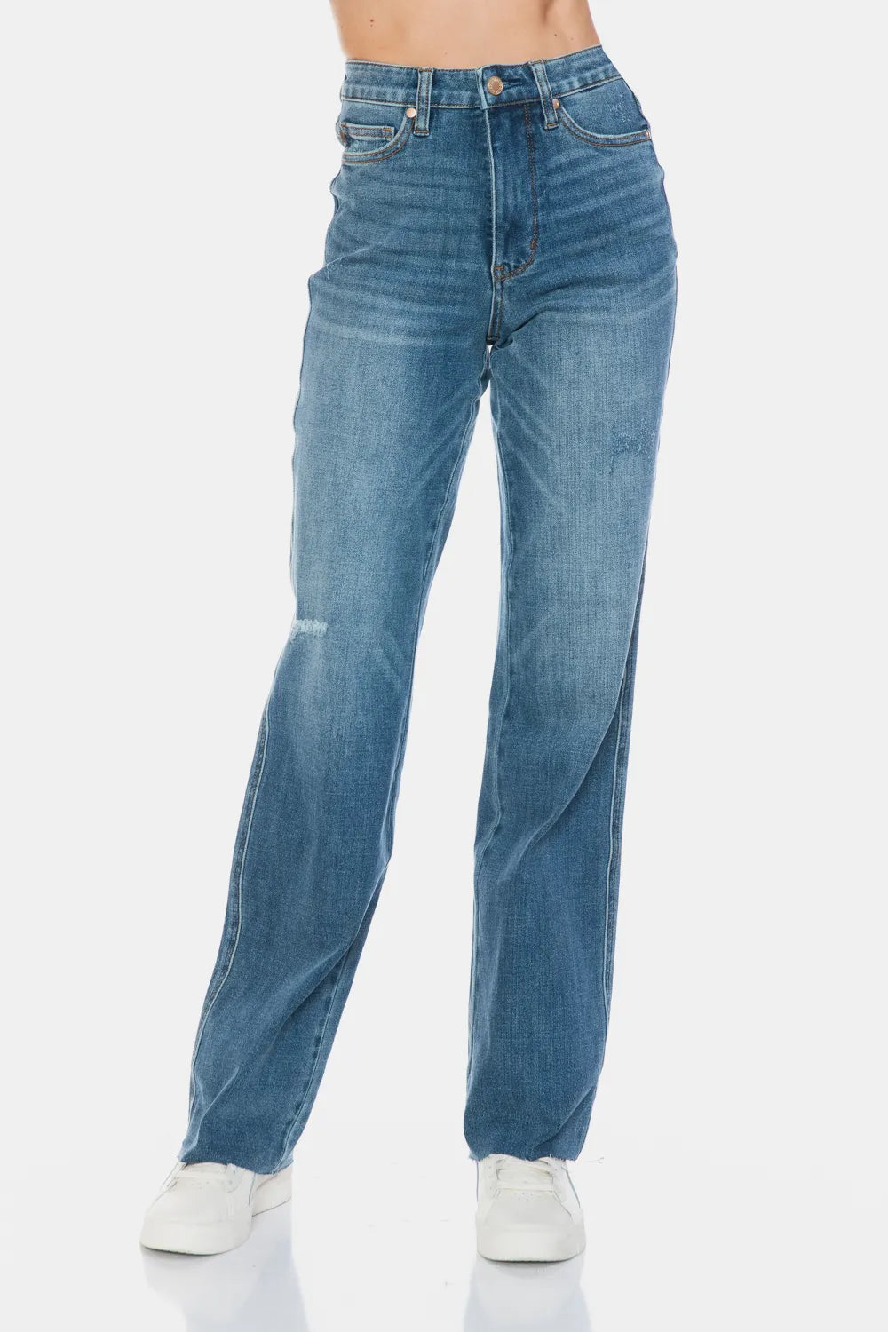 Straight Jeans mit hoher Taille, Medium Wash, roher Saum und Ziernähte