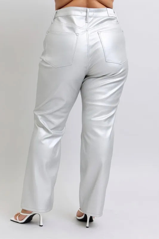 High-waist metallic faux leather pants with back pockets and relaxed straight-leg fit