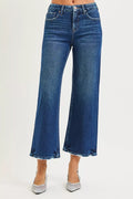 Dark wash high-rise wide-leg crop jeans with button and zip fly