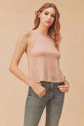 Apricot ribbed lightweight tank top with high crew neckline and sleeveless cut